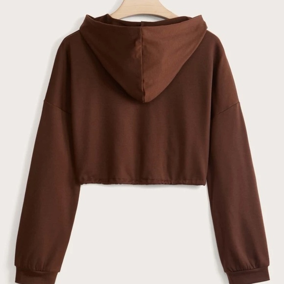 NWT zip up drawstring crop hoodie brown sweatshirt size small size 4 - Picture 2 of 4